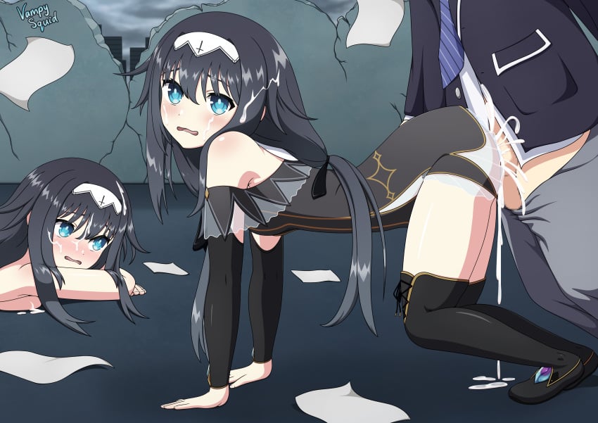 1boy 2d 2girls ass black_hair blue_eyes blush clothed_sex cum cum_in_pussy cum_inside date_a_live itsuka_shido light-skinned_female long_hair nibelcol pants_down school_uniform semen sex small_breasts socks thighs vaginal_penetration vampy_squid