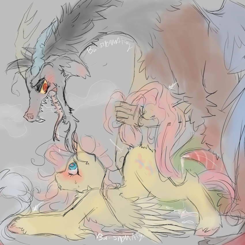 antlers blue_eyes bodily_fluids brown_body brown_fur chimera cum cutie_mark discord_(mlp) draconequus drawn drooling equid equine feathered_wings feathers fluttershy_(mlp) friendship_is_magic fur genital_fluids genitals grey_body grey_fur hair hasbro hi_res hooves horn mammal mortuss_mortem my_little_pony open_mouth pegasus penis pink_hair pink_tail saliva sex sharp_teeth smooth_skin sweat sweatdrop tail_grab teeth wings yellow_body yellow_fur yellow_sclera