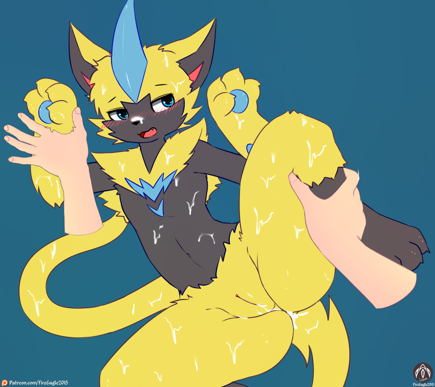 absurd_res anthro blush bodily_fluids cum cum_inside cum_on_body duo female generation_7_pokemon genital_fluids genitals hi_res legendary_pokemon legs_up lying male male/female nintendo open_mouth penis pinned pokemon pokemon_(species) pussy senz tail zeraora