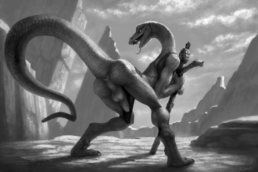 2022 anthro anus arched_back ass backsack balls bent_over biped digital_media_(artwork) digitigrade genitals greyscale hi_res humanoid_genitalia humanoid_penis klongi male male_only monochrome outside penis perineum reptile scalie solo