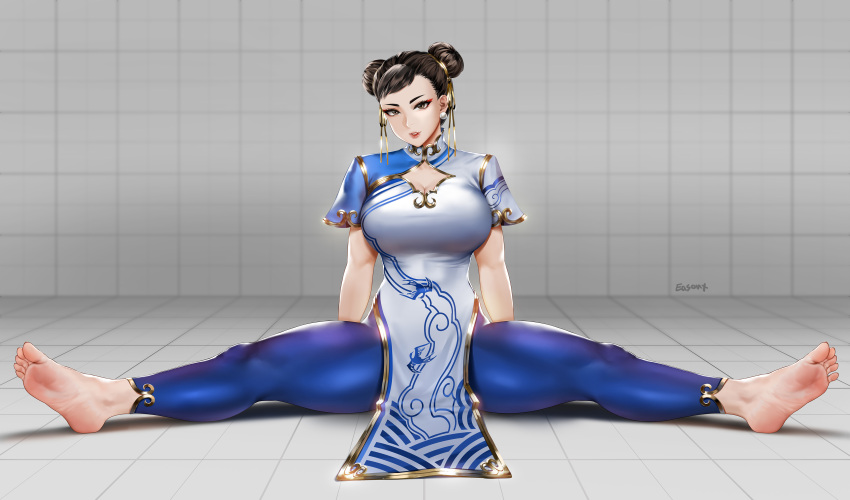 1girls asian asian_female barefoot big_breasts brown_hair capcom chun-li chun-li_(street_fighter_6) clothed clothed_female clothes clothing curvaceous curves curvy curvy_body curvy_female curvy_figure curvy_hips easonx feet female female_focus female_only foot_fetish fully_clothed large_breasts legs legs_apart legs_spread makeup pants simple_background small_waist soles solo street_fighter street_fighter_6 thick thick_thighs thighs tied_hair toes