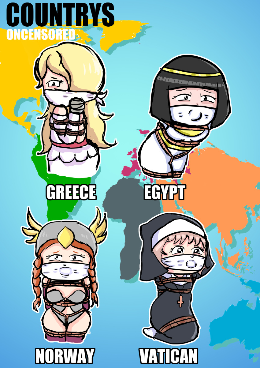 4girls black_hair blonde_hair bondage egypt egyptian egyptian_female english_text european gag gagged greece light-skinned_female light_skin long_hair long_hair_female multiple_girls national_personification norway norwegian nun nun_outfit oncensored oncensored_(artist) shirt short_hair_female text tied_up valkyria valkyrie vatican vatican_city viking