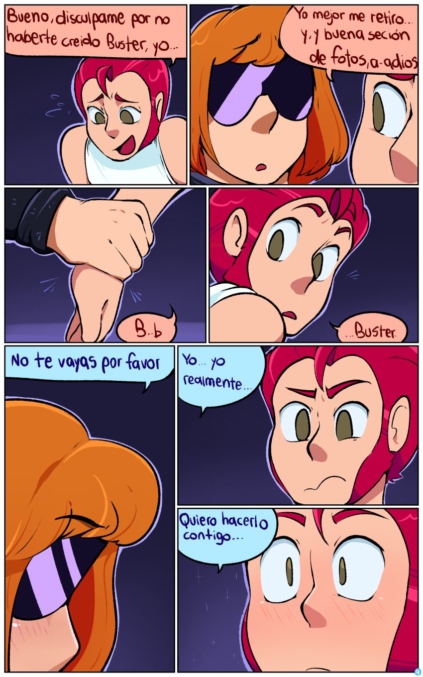 2024 2boys absurd_res back_view blush brawl_stars buster_(brawl_stars) clothed clothed_male colt_(brawl_stars) comic comic_page dialogue duo gay hi_res highres homosexual human imminent_sex looking_at_another looking_back male male_only nahu600 open_mouth orange_hair rear_view red_hair redhead short_hair smile spanish_dialogue spanish_text sunglasses supercell sweat sweatdrop text video_games