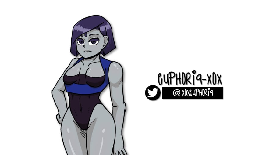 breasts colored_skin dc dc_comics euphoria-xox eye_shadow female female_focus grey_skin hand_on_hip hand_on_side latex latex_suit purple_eyes purple_hair rachel_roth raven_(dc) shirt small_breasts solo solo_focus straight_hair superhero teen_titans tight tight_shirt