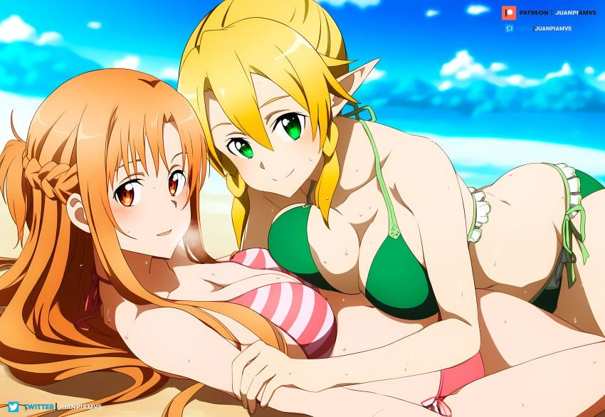 2girls ai_generated beach big_breasts bikini blonde_hair brown_eyes clouds elf_ears green_eyes juanpi_amvs lazo leafa long_hair lying_down lying_on_person patreon patreon_username sand seaside sword_art_online watermark yuuki_asuna