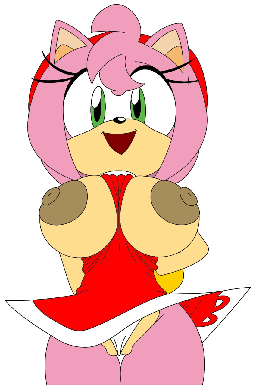 amy_rose breasts_out cameltoe clothing dress huge_breasts large_breasts panties robinebra sonic_(series)