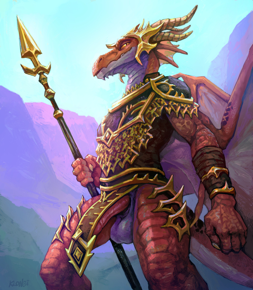 absurd_res anthro armor balls blizzard_entertainment claws clothing dracthyr dragon erection european_mythology genitals headgear helmet hi_res horn klongi looking_at_viewer male melee_weapon mythological_creature mythological_scalie mythology penis polearm red_body red_penis red_scales reptile rithux scales scalie smile smirk solo solo_male spear tail warcraft wardrobe_malfunction weapon western_dragon wings