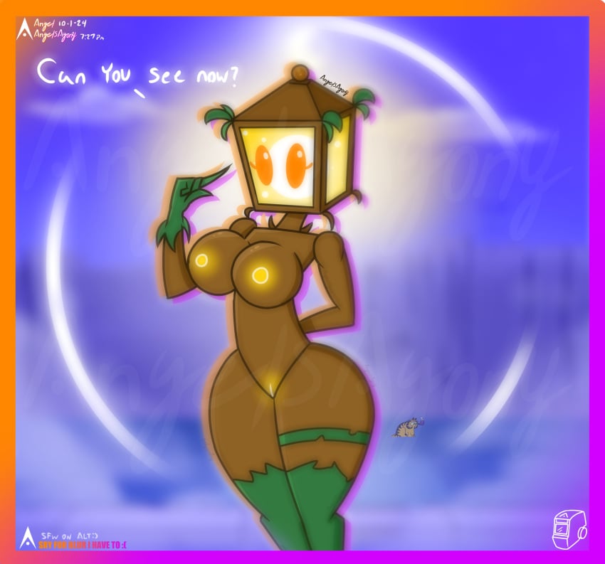 2d 2d_(artwork) agonywelds ass curvy female glowing glowing_genitalia lamp light looking_at_viewer nipples plant_girl plantern_(pvz) plantie plants_vs_zombies pussy pvz talking_to_viewer text thick_ass thick_thighs thighs