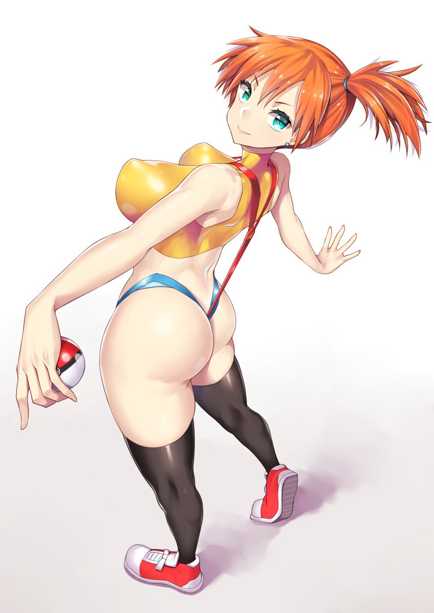 alternate_breast_size ass black_legwear breasts bubble_butt dat_ass denim denim_shorts female_only green_eyes human human_only impossible_clothes kasumi_(pokemon) large_breasts latex looking_at_viewer looking_back nagase_haruhito orange_hair pale_skin poke_ball pokemon pokemon_(anime) red_hair shiny_clothes shoes shorts side_ponytail skimpy skin_tight sneakers suspender_shorts suspenders tank_top thighhighs tight_clothing tomboy