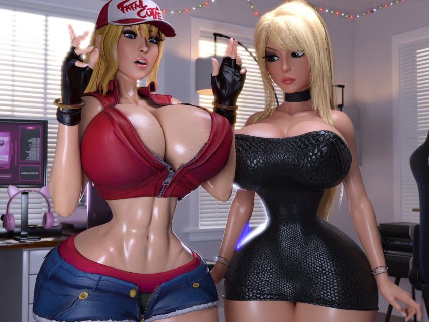 2girls 3d 3d_(artwork) abs ass ass_bigger_than_head bimbo bimbofication bimbos black_dress blonde_hair blue_eyes breast_envy breasts_bigger_than_head chocker crop_top ear_piercing ear_ring earrings female_focus hi_res high_heels highres huge_ass huge_breasts large_ass large_breasts looking_at_another looking_at_breasts metroid nipple_bulge ruidx rule_63 samus_aran short_shorts shorts street_fighter street_fighter_6 terry_bogard thick thick_ass thick_lips thick_thighs