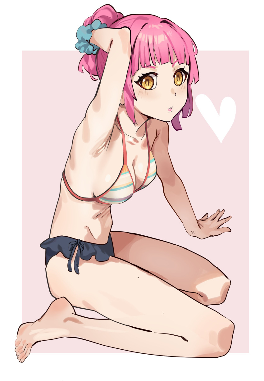 absurdres adjusting_hair alternate_hairstyle arm_up bikini blush breasts cleavage female heart highres iyui720 looking_at_viewer love_live! love_live!_nijigasaki_high_school_idol_club medium_breasts pink_hair sitting skinny striped_bikini striped_clothes swimsuit tennouji_rina wariza yellow_eyes