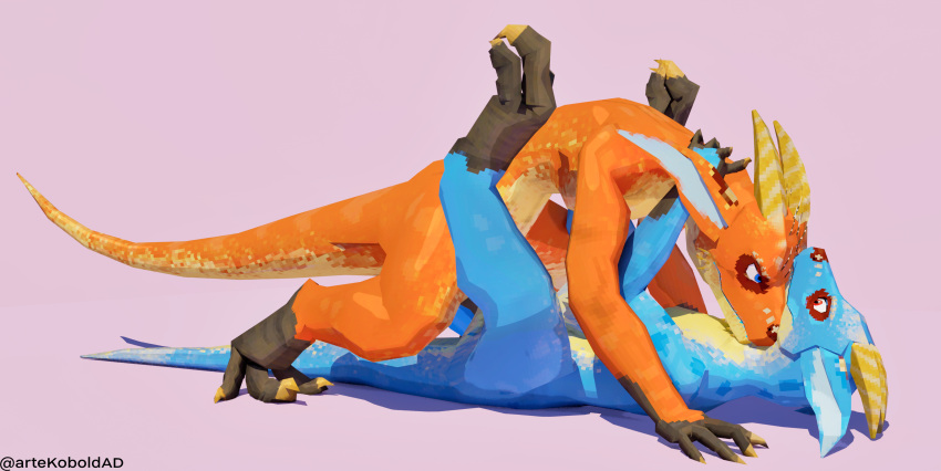 3d absurd_res anthro anvil_position claws digital_media_(artwork) dinosaur dromaeosaurid duo erection female female_penetrated from_front_position genitals hi_res horn kobold kobold_dellarte legs_up low_poly lying male male/female male_penetrating male_penetrating_female nude on_back penetration penis prehistoric_species reptile scalie sex simple_background tail theropod
