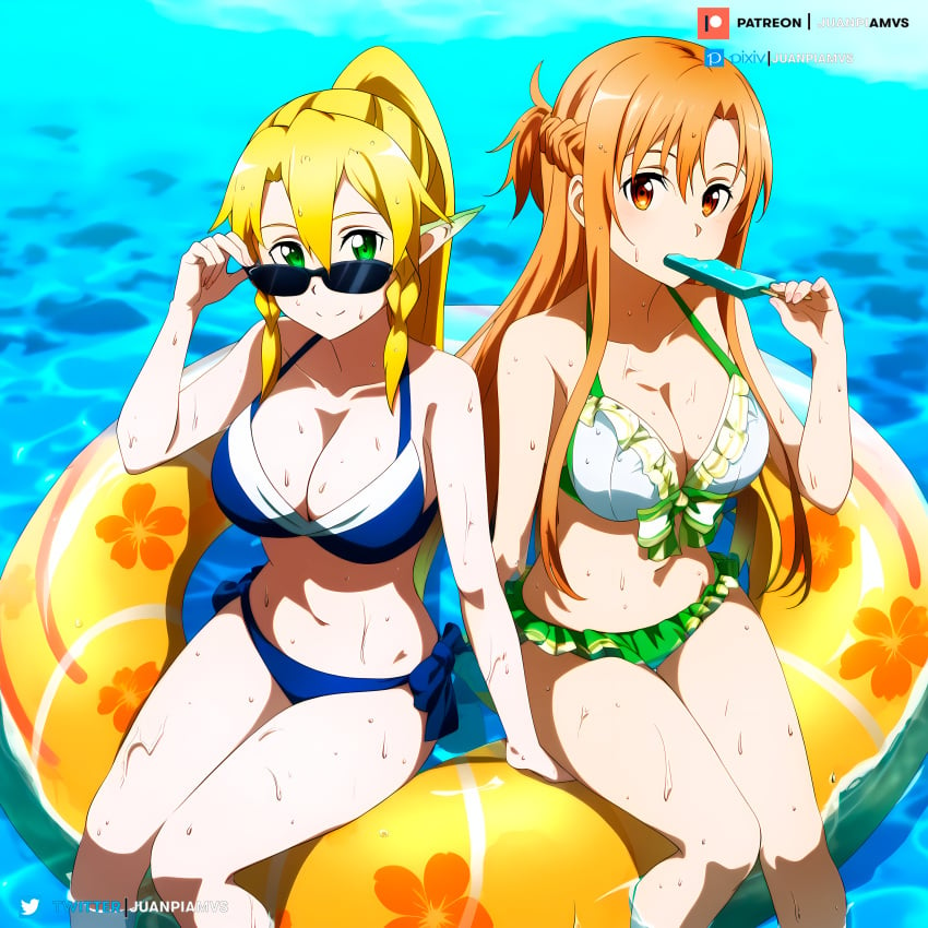 2girls adjusting_eyewear adjusting_glasses adjusting_sunglasses ai_generated big_breasts bikini blonde_hair brown_eyes curvy elf_ears float floating floating_hair green_eyes ice_cream juanpi_amvs lazo leafa long_hair looking_over_eyewear looking_over_sunglasses ocen patreon patreon_username sunglasses sword_art_online tinted_eyewear watermark yuuki_asuna