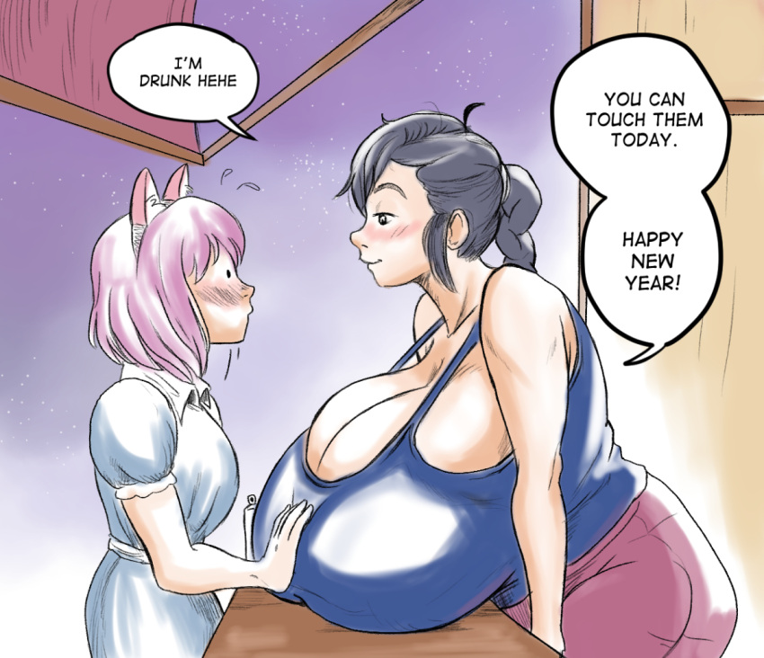 2girls black_hair blush blush_lines breasts cat_ears drunk female harorlood huge_breasts kaori_(harorlood) looking_at_another marina_(harorlood) multiple_girls speech_bubble tank_top text watercolor_(artwork) yuri