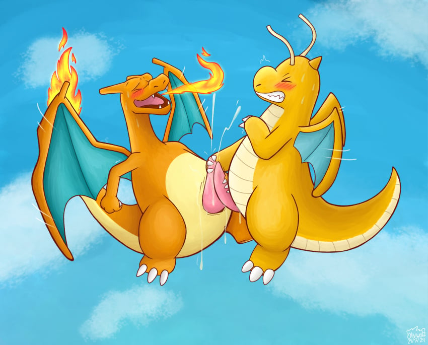 blush bodily_fluids charizard cum cum_on_body cum_on_penis cum_on_self digital_media_(artwork) dragon dragonite duo erection feral fire flying flying_sex frottage generation_1_pokemon genital_fluids genitals hi_res looking_pleasured male male/male mutual_masturbation mythological_creature mythological_scalie mythology nintendo oliviwott penile penis pokemon pokemon_(species) scalie sex tail wings