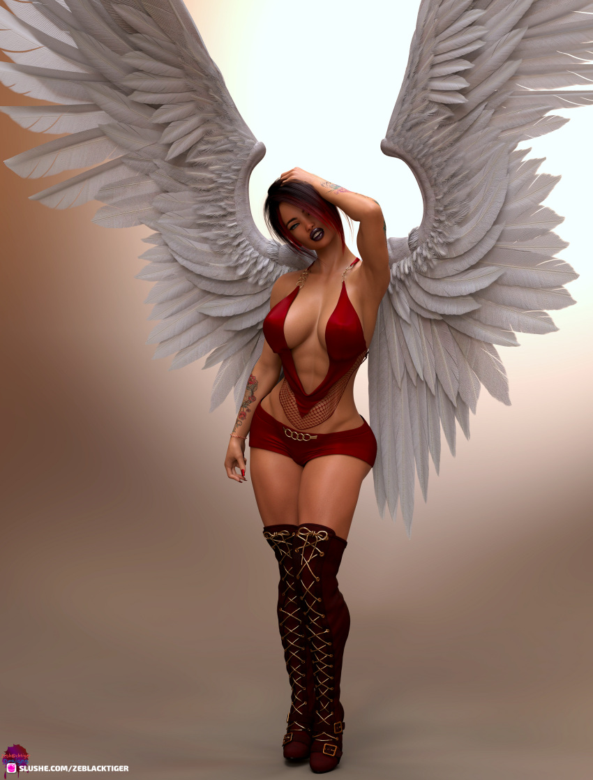 1girls 2019 3d angel_wings arm_tattoo black_lipstick boots clothed clothing female female_only large_breasts lipstick looking_at_viewer narrow_waist short_hair slushe_(website) solo solo_female standing tagme tattoo tattoos wide_hips wings zeblacktiger