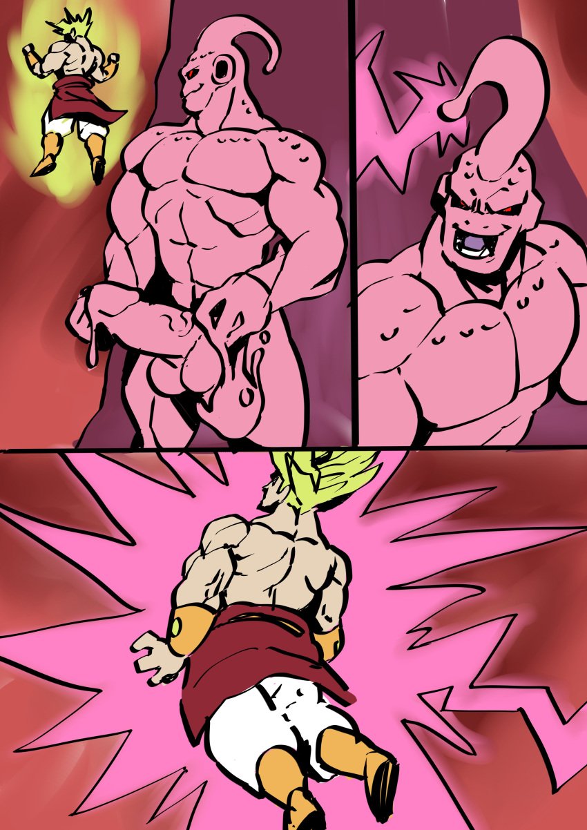 2boys bara broly broly_(dragon_ball_z)_1993 clothed clothing dick dragon_ball dragon_ball_z erection gay gay_sex humanoid legendary_super_saiyan looking_at_another majin_buu male male/male male_only muscular muscular_male pecs pink_body red_eyes super_buu tagme trencalos