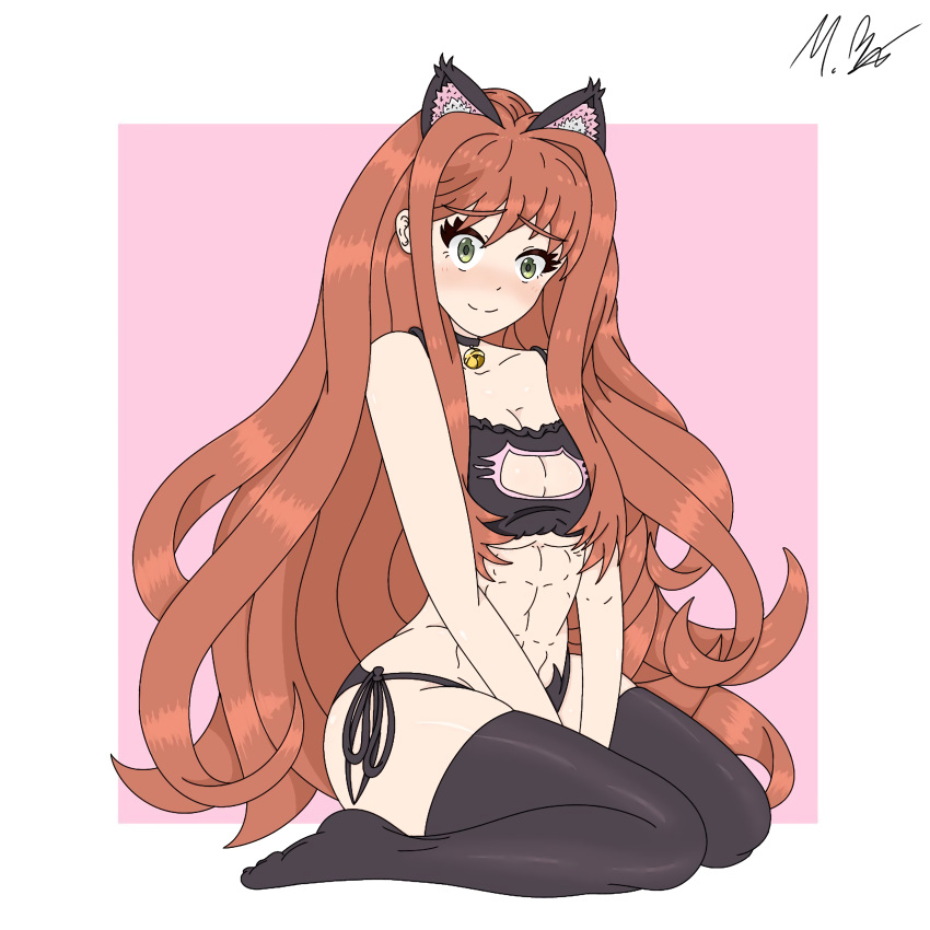 abs blush breasts brown_hair cat_ears catgirl cute doki_doki_literature_club green_eyes hair_down long_hair looking_at_viewer medium_breasts moldybagelhere monika_(doki_doki_literature_club) shy smiling thick_thighs thighhighs thighs