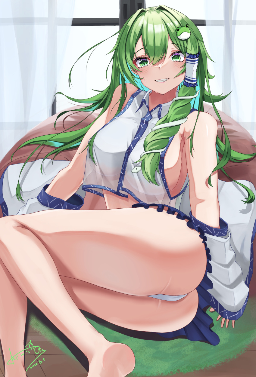 absurdres ass bangs bare_shoulders barefoot blush breasts collared_shirt curtains dated detached_sleeves female frog_hair_ornament green_eyes green_hair grin hair_ornament hair_tubes highres hossy indoors large_breasts long_hair looking_at_viewer midriff panties pillow sanae_kochiya see-through see-through_shirt shirt sideboob signature sitting smile snake_hair_ornament solo touhou underwear white_panties white_shirt wide_sleeves window