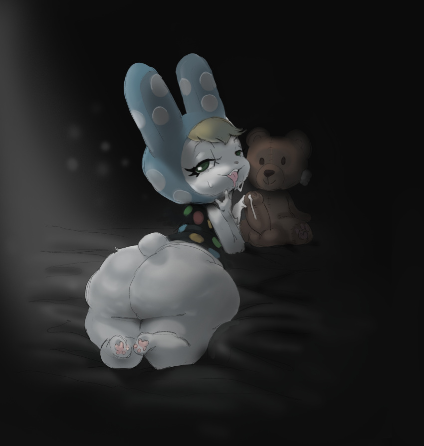 2022 3:4 absurd_res animal_crossing anthro ass bedroom_eyes black_background blonde_hair bodily_fluids clothing cum digital_media_(artwork) female francine_(animal_crossing) fur genital_fluids green_eyes hair hi_res lagomorph leporid looking_at_viewer mammal narrowed_eyes nintendo nocimon open_mouth plushie rabbit seductive shirt simple_background smile solo teddy_bear tongue topwear video_games white_body white_fur