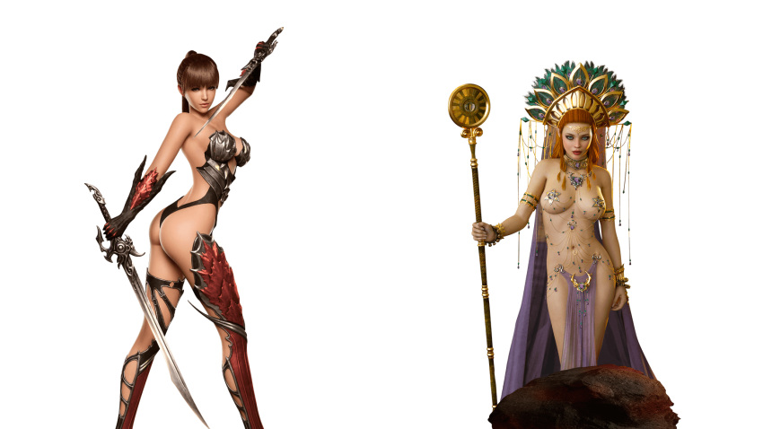 2girls advertisement ass background bangs brown_hair exposed_shoulders female females females_only green_eyes headwear jewelry light_armor light_skin multiple_girls practically_nude purple_robe red_hair staff sword swords transparent_background unknown_artist unknown_source warrior white_skin