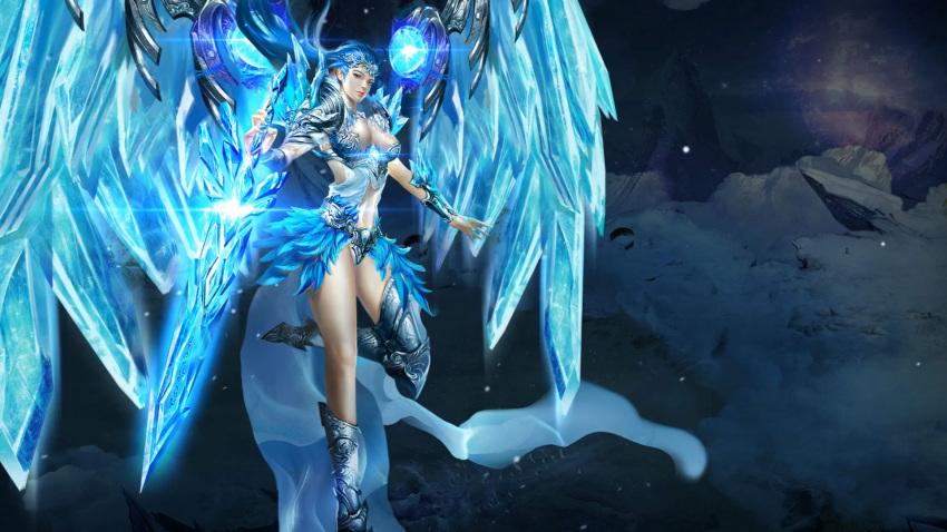 advertisement armor armored_boots background blue_eyes blue_feathers blue_hair cleavage crystals female glowing_sword glowing_wings headwear humanoid light-skinned_female light_skin looking_at_viewer snow sword unknown_artist unknown_source white_skin wings