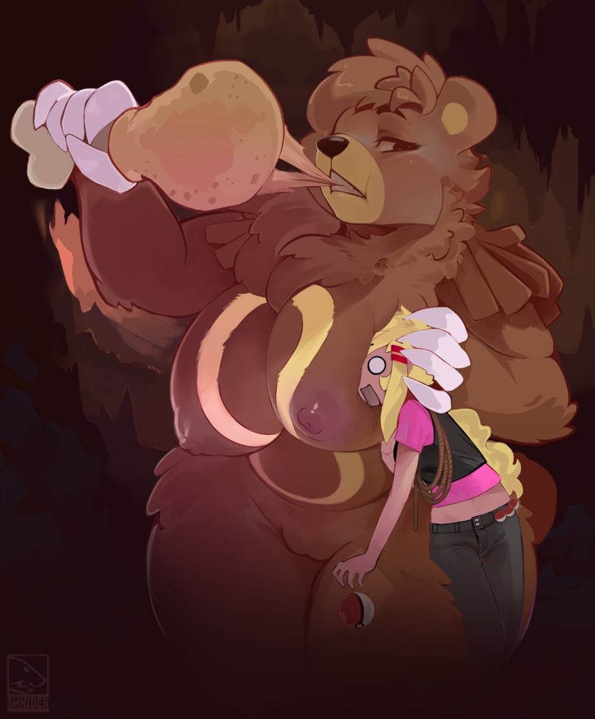 absurd_res anthro big_breasts breasts brown_body brown_fur claws clothed clothing female fur hi_res human mammal nintendo nipples nude pokémon_(species) pokemon shnider ursaring ursid video_games