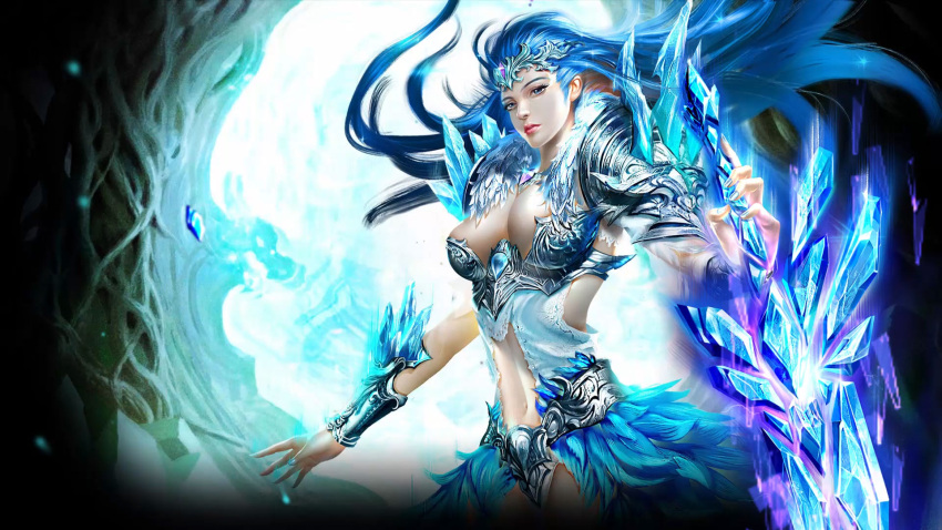 advertisement background belly_button blue_eyes blue_feathers blue_hair breasts cleavage crystals exposed_stomach female glowing_sword headwear humanoid looking_at_viewer mmorpg navel painted_nails sword unknown_artist unknown_source white_background