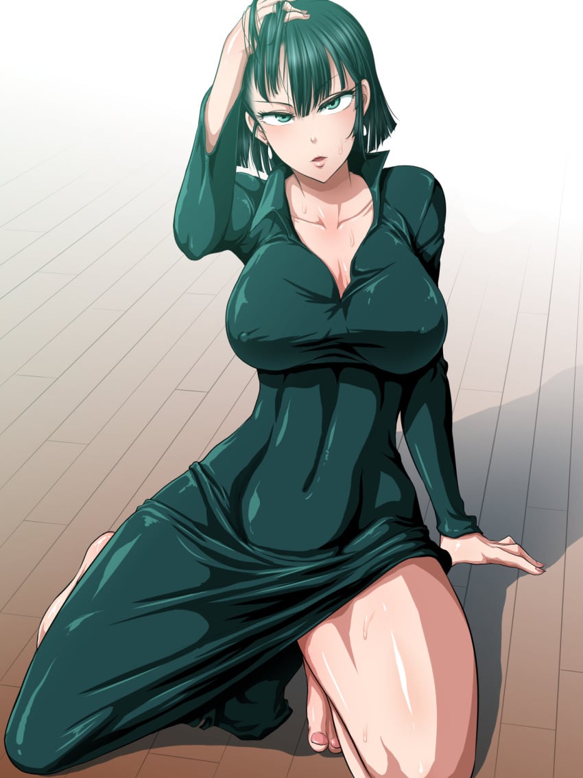 1girls arm_up belly belly_button big_breasts blush bob_cut breast breasts busty cleavage clothed clothing collarbone covered_navel covered_nipples covering_breasts curvy curvy_body curvy_female curvy_figure dress earrings esper exposed_thighs eye_contact feet female female_focus female_only floor front_view fubuki_(one-punch_man) full_body green_eyes green_hair hair_grab hair_pull hand_on_hair hand_on_head heroine hips kneeling large_breasts light-skinned_female light_skin lips lipstick looking_at_viewer medium_hair midriff nails navel nipple_bulge on_floor on_knees one-punch_man open_mouth pink_lips pink_lipstick pov pov_eye_contact psychic shiny_skin short_hair slim slim_waist soio_female solo solo_female sweat sweating sweaty sweaty_body tagata thick thick_legs thick_thighs thighs thin_waist tight_clothing toes toned toned_body toned_female toned_stomach voluptuous waist wide_hips