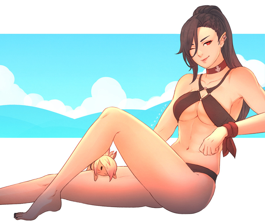 1girls beach bikini cleavage elezen feet female final_fantasy final_fantasy_xiv hilda_ware koyorin light-skinned_female looking_at_viewer miqo'te o-ring o-ring_bikini original_character red_eyes solo summer underboob