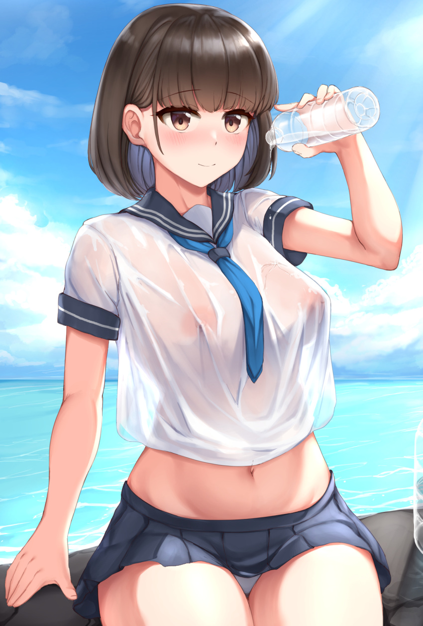 black_hair blue_sailor_collar blue_skirt blue_sky blush bottle brown_hair closed_mouth cloud covered_erect_nipples dantes_ward day female highres horizon looking_at_viewer navel no_bra ocean original outdoors panties pleated_skirt pouring pouring_onto_self sailor_collar school_uniform see-through serafuku shirt short_hair short_sleeves sitting skirt sky smile solo stomach thighs underwear uniform water_bottle wet wet_clothes wet_shirt white_panties