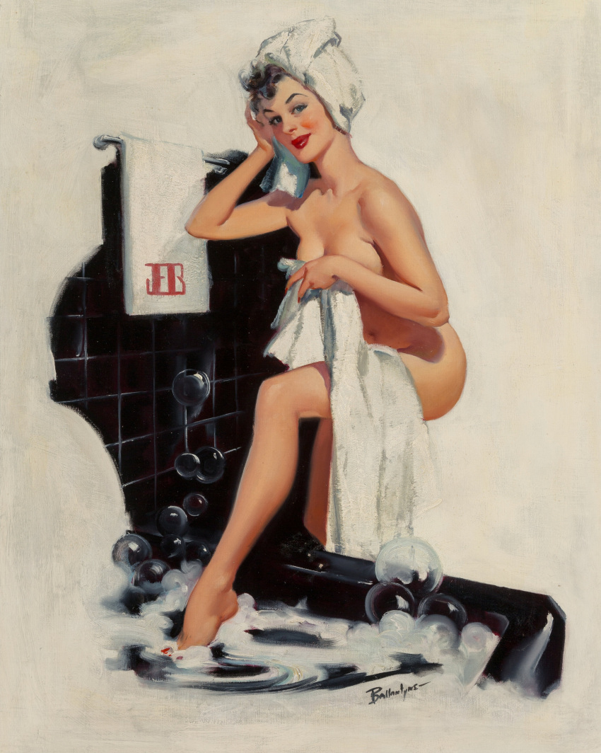 1950s 1955 1girls 20th_century 50s ass bath bathroom black_hair breasts bubble cleavage female female_only joyce_ballantyne lipstick looking_at_viewer nail_polish nude original painting_(artwork) pinup pinup_girl solo straight_hair thick_thighs towel towel_on_head traditional_media_(artwork) vintage water