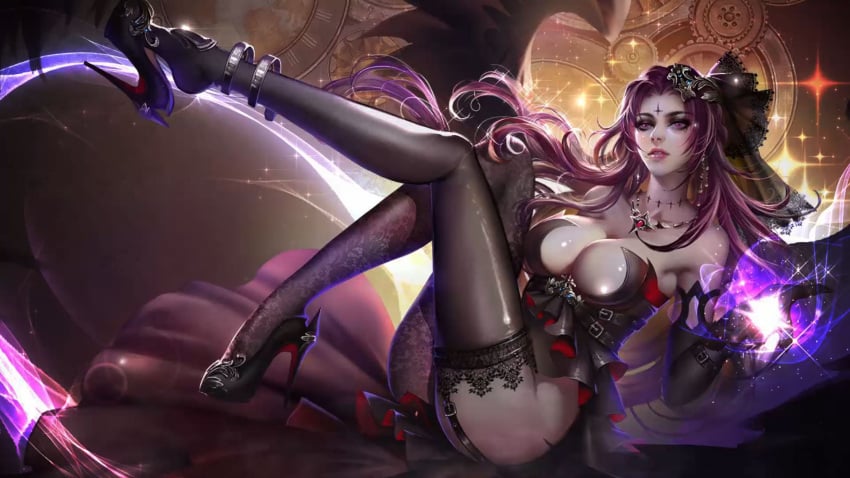 advertisement background black_eyeliner black_high_heels black_shoes breasts cleavage cross crossed_legs ear_piercing earrings exposed_armpits exposed_chest exposed_shoulders female gears glowing_hand goth headwear high_heels humanoid large_breasts leggings light-skinned_female light_skin necklace purple_hair red_eyes unknown_artist unknown_source white_skin wings