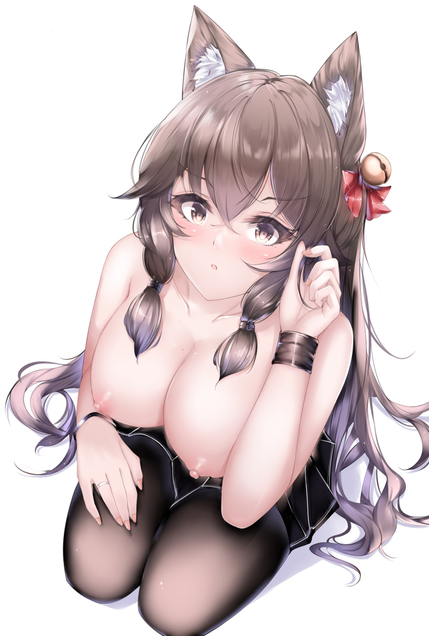 1921494015 absurdres animal_ears black_eyes black_hair black_legwear black_skirt breasts cat_ears cleavage collarbone female hair_ornament highres kneeling large_breasts long_hair looking_at_viewer nipples original parted_lips simple_background skirt solo white_background