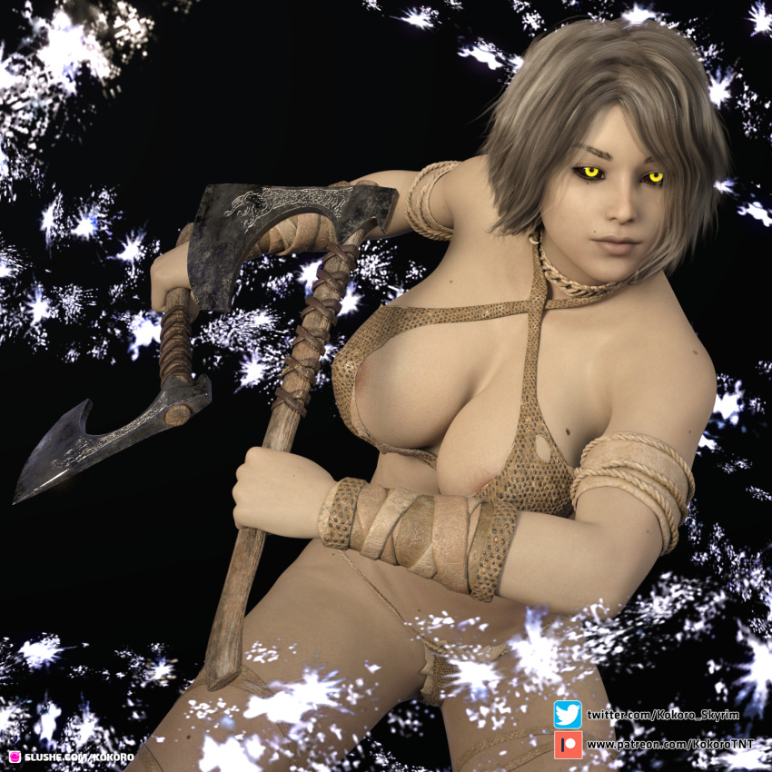 1girls 2020 3d dual_wielding fantasy female female_only glowing_eyes gray_hair grey_body grey_hair grey_skin holding_axe holding_object holding_weapon hug huge_breasts kokoro3dx kokoro_(artist) nipple_peek original original_character pinup short_hair slushe_(website) solo solo_female tamara_(kokoro3dx) yellow_eyes