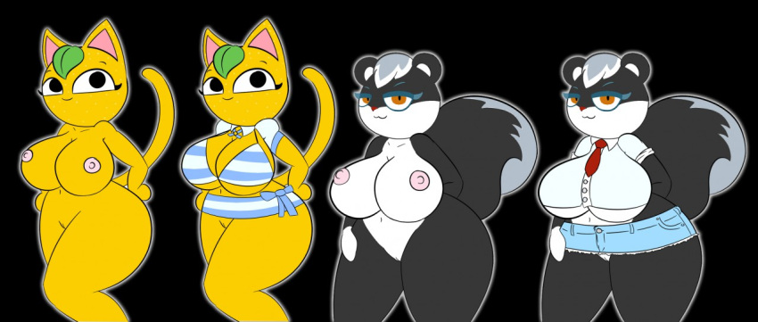 2girls animal_crossing animated anthro astrolonaut belly_button bra breasts clothing domestic_cat feline female female_only glasses multiple_girls nintendo nipples no_bra no_panties skunk tail tangy_(animal_crossing) tasha_(animal_crossing) thick_thighs thighs tight_clothing vagina wide_hips year_request