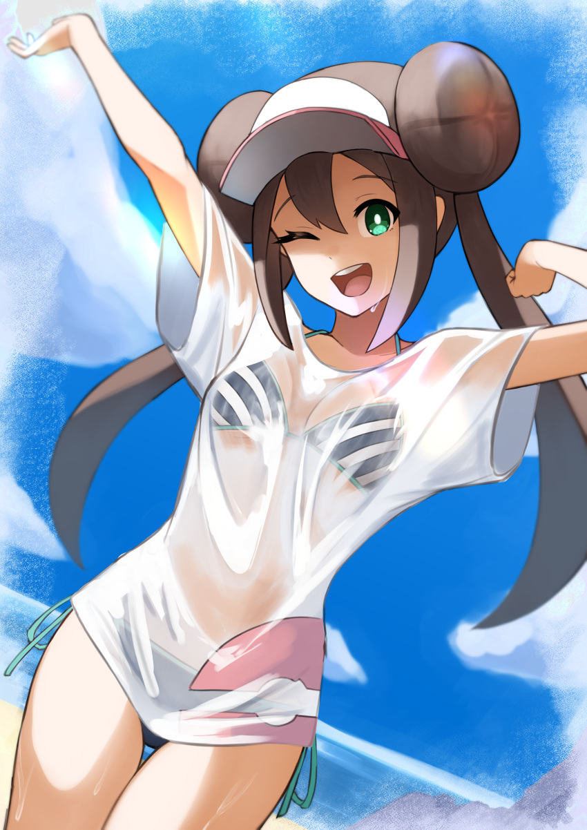 beach bikini bikini_bottom bikini_under_clothes pokemon pokemon_bw2 pyonsan rosa_(pokemon) small_breasts smile smiling smiling_at_viewer wet_clothes wet_shirt white_shirt wink