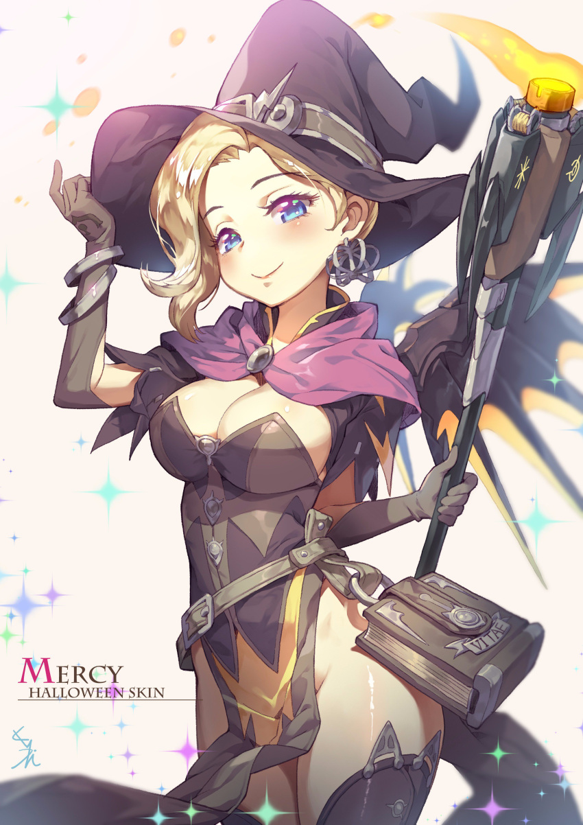 1girls blonde_hair blue_eyes breasts dress earrings female female_only gloves halloween halloween_costume holding_weapon kakiman light-skinned_female light_skin looking_at_viewer mercy overwatch smile solo solo_female staff thighhighs thighs witch_hat witch_mercy