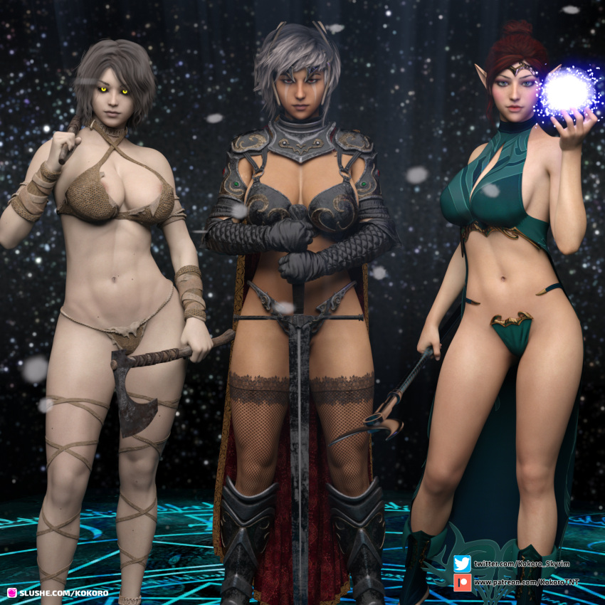 2020 3d 3girls abs boots brown_hair dark-skinned_female dark_skin elf elf_ears fantasy female female_only fishnet_legwear fishnets front_view glowing_eyes gray_hair grey_body grey_hair grey_skin holding_axe holding_object holding_sword holding_weapon kokoro3dx kokoro_(artist) kokoro_(kokoro3dx) looking_at_viewer magic markings multiple_girls orange_eyes original original_character original_characters pointy_ears short_hair slushe_(website) standing sword taeriel_(kokoro3dx) tamara_(kokoro3dx) yellow_eyes