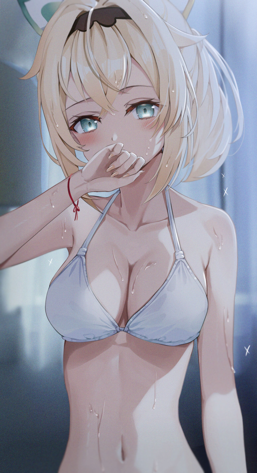 1girls aqua_eyes artist_request belly belly_button bikini bikini_top blonde_hair blush covering_mouth female female_focus female_only hair_ornament hairband hand_over_mouth hand_over_own_mouth hololive hololive_japan holox kazama_iroha looking_at_viewer navel ponytail solo solo_female solo_focus stomach sweat sweatdrop sweating virtual_youtuber wet wet_body white_bikini