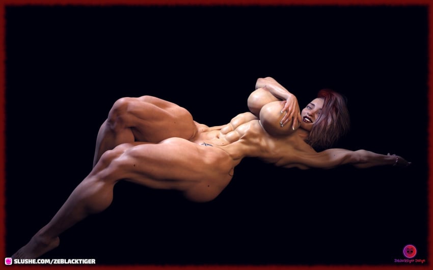 1girls 2022 3d black_background extreme_muscles female female_only french_nails huge_breasts muscular muscular_female nude nude_female slushe_(website) smile solid_color_background solo solo_female tattoo zeblacktiger