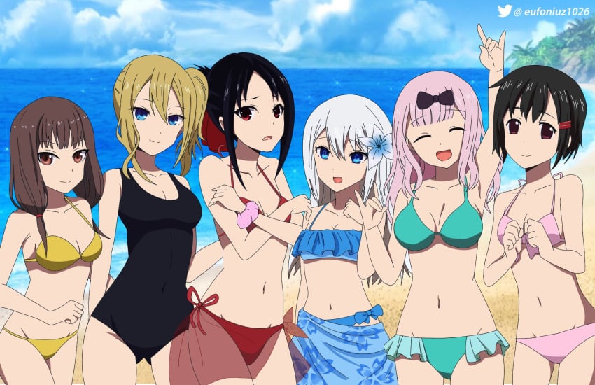 6girls beach bikini black_hair blonde_hair blue_eyes blue_sky blush brown_eyes brown_hair eufoniuz female female_only fujiwara_chika glaring grey_hair hair_ornament hayasaka_ai highres iino_miko kaguya-sama_wa_kokurasetai_~tensai-tachi_no_renai_zunousen~ kashiwagi_nagisa multiple_girls ocean pink_hair red_eyes shinomiya_kaguya shirogane_kei short_hair sky swimsuit watermark