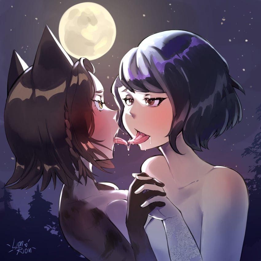 2girls absurd_res bethesda_softworks breast_press cat_ears catgirl female_only french_kiss full_moon holding_hands imperial khajiit kissing lesbian lionrion looking_at_partner m'rissi moon mrissi multiple_girls naked night nude saliva skyrim the_elder_scrolls tongue tongue_kiss tongue_out yuri