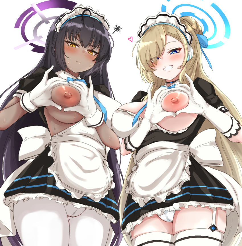 2girls apron asuna_(blue_archive) black_hair black_shirt black_skirt blonde_hair blue_archive blush cameltoe cleaning_&_clearing_(blue_archive) cowboy_shot detached_sleeves gloves halo heart heart-shaped_boob_challenge heart_hands highres karin_(blue_archive) large_areolae looking_at_viewer machismo_fuji maid maid_apron maid_headdress millennium_science_school_student multiple_girls nipples one_breast_out pantyhose shirt short_sleeves skindentation skirt thighhighs waist_apron white_apron white_gloves white_legwear