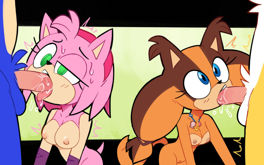 2boys 2d 2girls alternate_version_available amy_rose amy_rose_(boom) anthro anthro_penetrated anthro_penetrating badger big_balls big_breasts big_penis blowjob color colored deepthroat eyes eyes_looking_up fellatio female genitals hedgehog humanoid_penis looking_pleasured male medium_breasts miles_prower miscon naked narrow_waist nude nude_female open_mouth oral oral_penetration penis penis_in_mouth sonic_(series) sonic_boom sonic_the_hedgehog sonic_the_hedgehog_(series) sticks_the_badger sticks_the_jungle_badger tails thick_penis thin tongue tongue_out tongue_out_blowjob