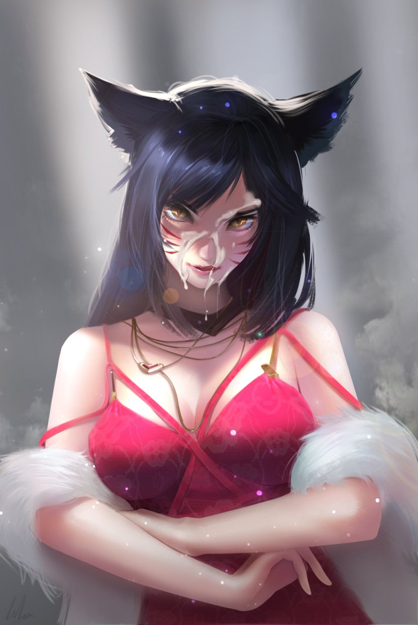 9_tails ahri animal_ear_fluff animal_ears animal_girl big_breasts black_hair blue_eyes breasts busty cleavage clothing cum_on_face eyelashes eyeliner eyeshadow facial_markings female fluffy fluffy_ears fluffy_tail fluffy_tails fox fox_ears fox_girl fox_tail furry_tail humanoid inner_ear_fluff kemonomimi kitsune large_breasts league_of_legends licking_cum light-skinned_female light_skin long_hair lu_ka multiple_tails nine_tailed_fox pale-skinned_female pale_skin riot_games tail vastaya video_games