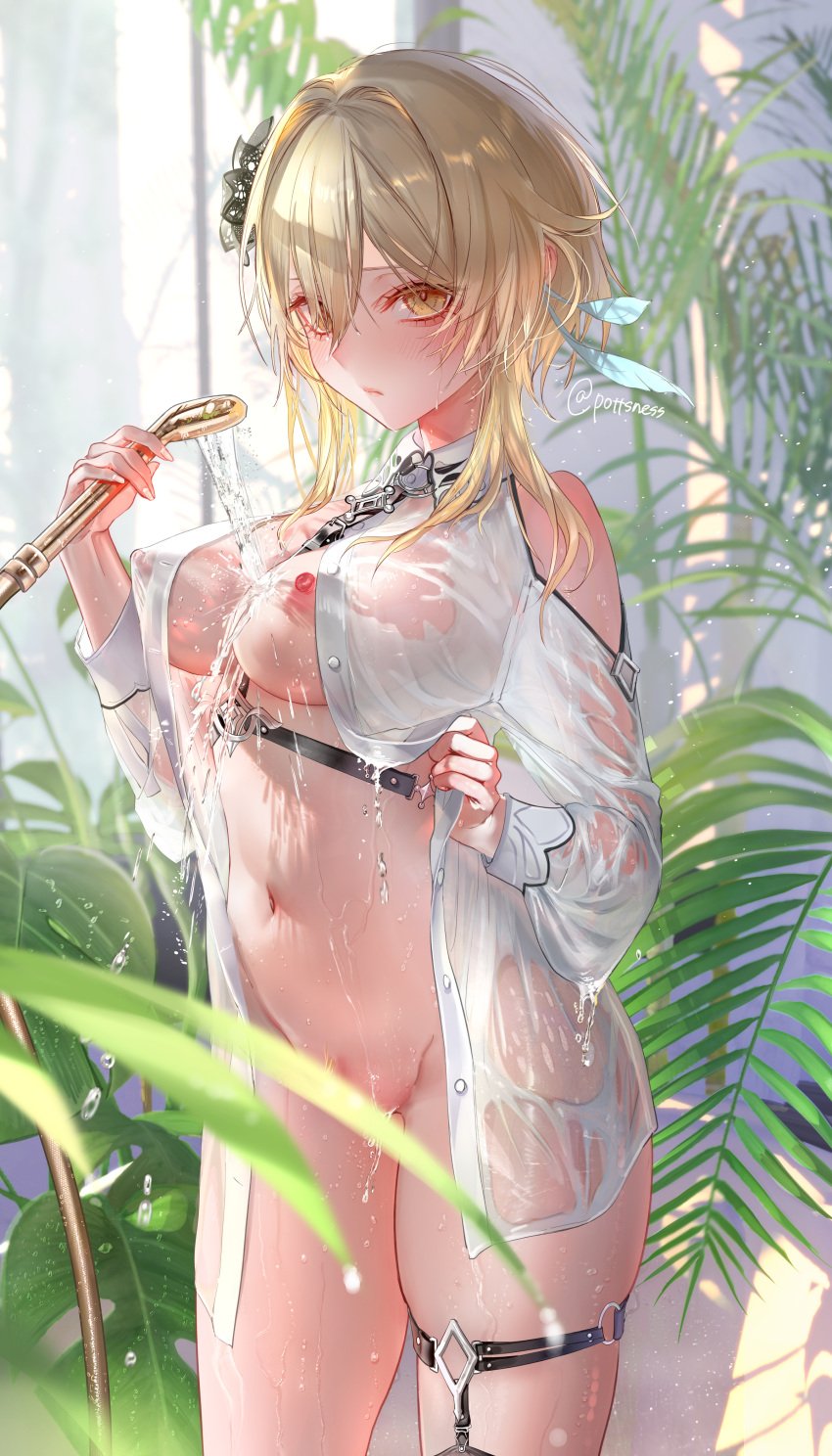 1girls areolae big_breasts bottomless breasts dripping_water feather_in_hair female_focus flower_in_hair genshin_impact large_breasts lumine_(genshin_impact) navel nipples no_panties pottsness shower_head solo thick_thighs thigh_strap visible_nipples wet wet_clothes wet_shirt