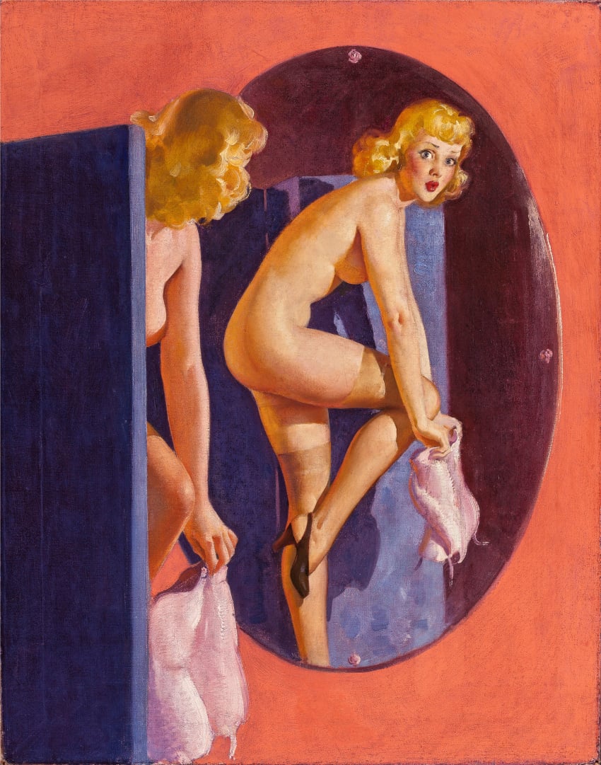 1940s 1941 1girls 20th_century 40s ass blonde_hair bra breasts dressing female female_only gil_elvgren high_heel_shoes high_heels lipstick looking_at_viewer mirror mostly_nude nipples_covered original painting_(artwork) panties pinup pinup_(style) pinup_girl pursed_lips red_lips red_lipstick reflection side_view sideboob solo solo_female standing_on_one_leg stockings straight_hair surprised thick_thighs thigh_high_socks thigh_high_stockings thigh_highs thighhighs thighs traditional_media_(artwork) vintage wide_eyed