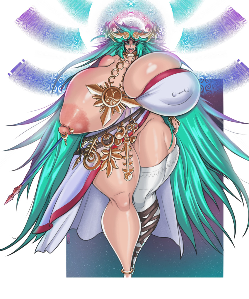 1girls absurd_res aomokoka barbell_piercing cape cyan_hair eyebrows_visible_through_hair eyeliner eyes_visible_through_hair fangs goddess green_hair halo highres huge_nipples hyper hyper_breasts hyper_thighs kid_icarus kid_icarus_uprising leg_bracelet leg_straps long_hair long_legs necklace nintendo nipple_bulge nipple_piercing palutena piercing_bulge ring_piercing sharp_teeth stocking thick_thighs very_long_hair walking_towards_viewer wide_hips