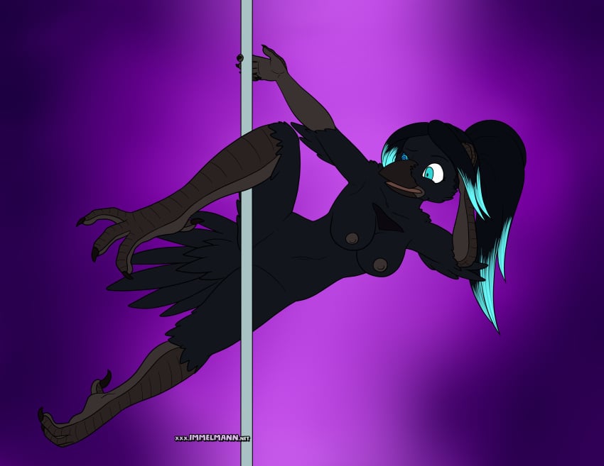 absurd_res anthro avian bird black_body blue_eyes blue_hair breasts corvid corvus_(genus) dancing female hair hi_res hypnosis immelmann midair mind_control nipples nude open_mouth oscine passerine pole pole_dancing ponytail purple_background raven_(bird) ring_eyes shocked simple_background solo spread_legs spreading surprise talons